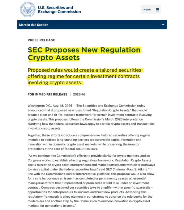 A screenshot of a U.S. Securities and Exchange Commission press release dated August 18, 2026, titled "SEC Proposes New Regulation Crypto Assets," with key phrases highlighted in yellow.