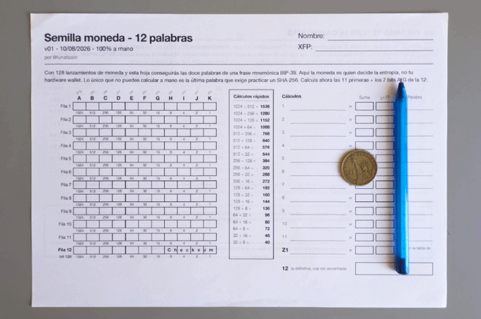 The image shows a printed worksheet titled "Semilla moneda - 12 palabras" (Seed coin - 12 words) designed for manually generating a 12-word cryptocurrency seed phrase using a coin for randomness, featuring a BIP-39 word grid, calculation tables, and a 2-euro coin with blue pen placed on it to illustrate the three required items.