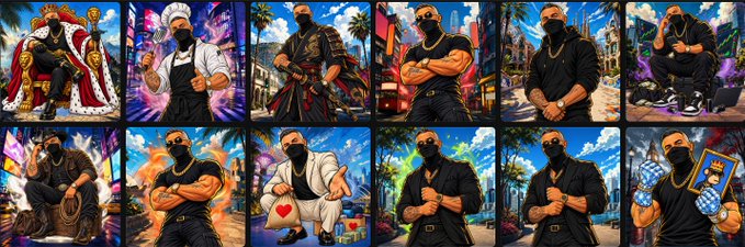 A grid of twelve cartoon-style illustrations featuring a bearded man in various outfits and settings, including a king on a throne, a chef, a samurai, and figures holding items like money and a framed picture.