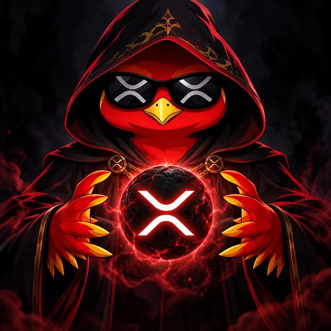 A red bird figure in a dark hooded cloak and sunglasses holds a glowing orb displaying the XRP (X) logo, surrounded by red energy. The image visually represents the post's theme of awakened power, using the prominent XRP symbol as a central emblem of strength.