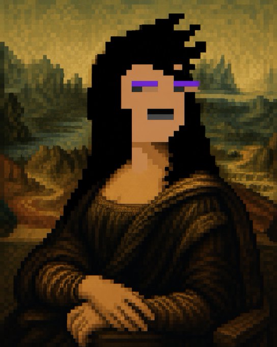 A pixelated edit of the Mona Lisa with purple sunglasses covering her eyes and a blocky hairstyle overlay.
