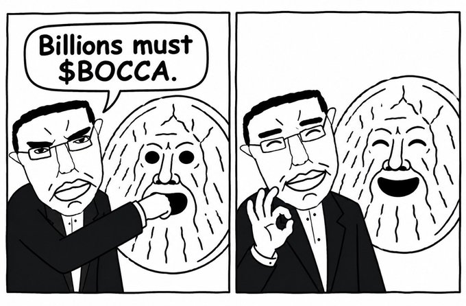 A two-panel cartoon showing a man forcing a coin into the mouth of a frowning moon, who then smiles after he gives an 'OK' gesture and says 'Billions must $BOCCA.'
