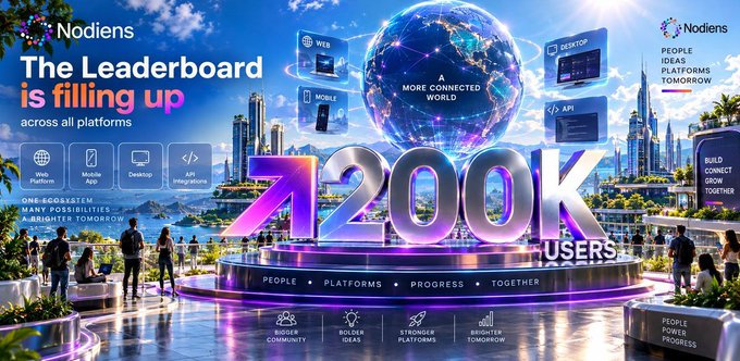 A promotional graphic for Nodiens celebrating '200K USERS' across all platforms (Web Platform, Mobile App, Desktop, API Integrations) with the tagline 'The Leaderboard is filling up' and 'One Ecosystem. Many Possibilities. A Brighter Tomorrow.'