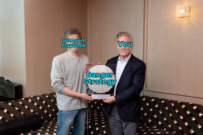 Two men—one labeled "GetAgent Playbook" in a gray sweater and the other labeled "You" in a navy blazer—jointly hold an award plaque inscribed "Banger Strategy," visually celebrating the BitgetAI partnership that transformed community ideas into specialized AI trading agents.