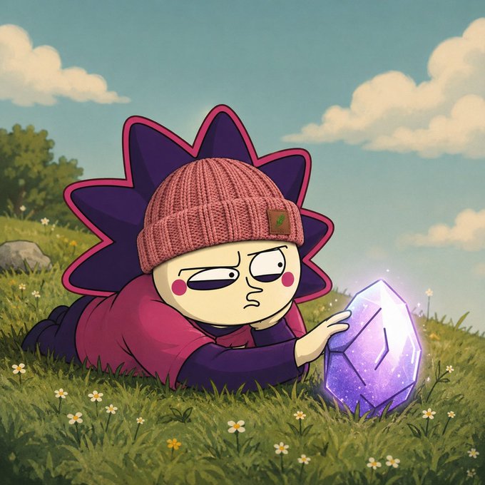 A cartoon-style illustration of a character wearing a pink beanie with spiky purple hair lying in a grassy field and looking at a glowing purple crystal.
