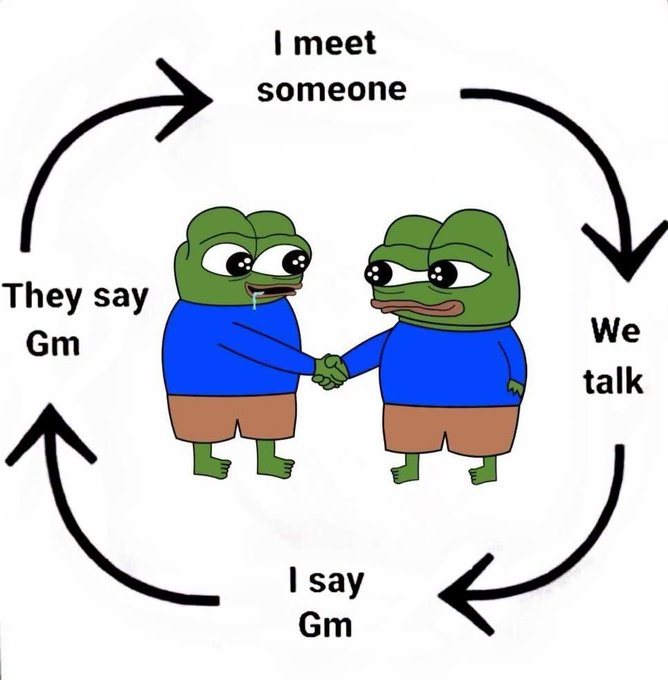 A Pepe the Frog meme illustration showing two frogs shaking hands with a cyclical flow chart: 'I meet someone', 'We talk', 'I say Gm', 'They say Gm'.