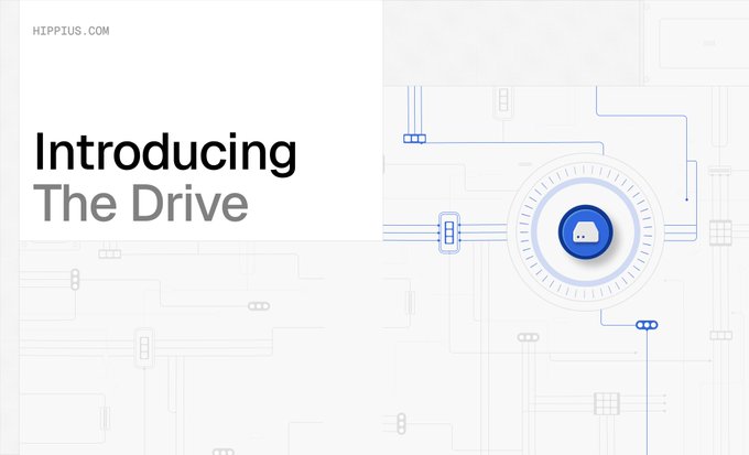 A promotional banner from Hippius.com announces "Introducing The Drive" with a stylized blue circular icon featuring a hard drive symbol surrounded by interconnected network lines, visually reinforcing the post's launch of Hippius Drive—a decentralized, encrypted cloud storage solution built on the $TAO/SN75 subnet that functions like Google Drive but stores files across a distributed network with zero egress fees.
