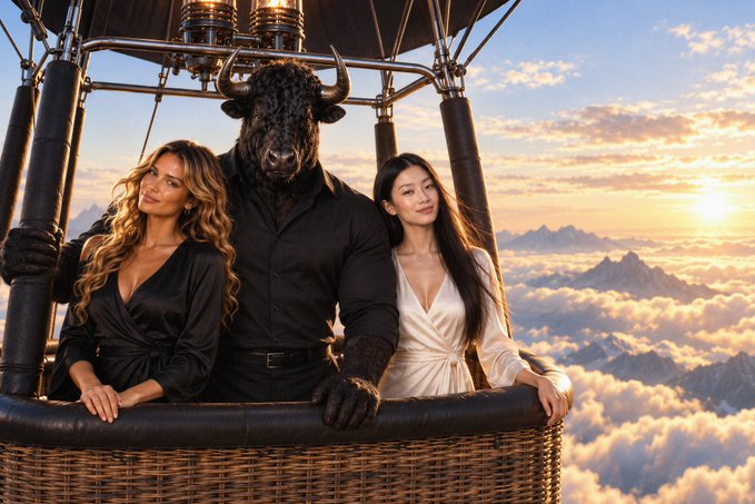 Two women, one in a black dress and one in a white dress, stand in a hot air balloon basket alongside a humanoid bison figure against a sunset sky above the clouds.