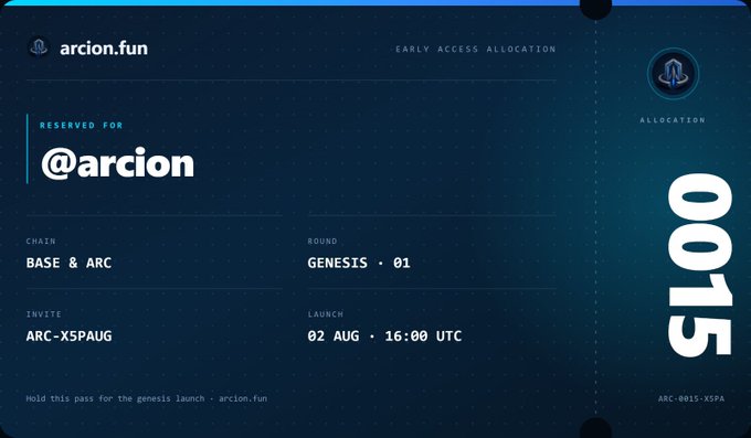 Early access allocation pass for arcion.fun showing 'Reserved for @arcion', chain 'BASE & ARC', round 'GENESIS • 01', invite code 'ARC-X5PAUG', launch date '02 AUG • 16:00 UTC', and allocation number '0015'.