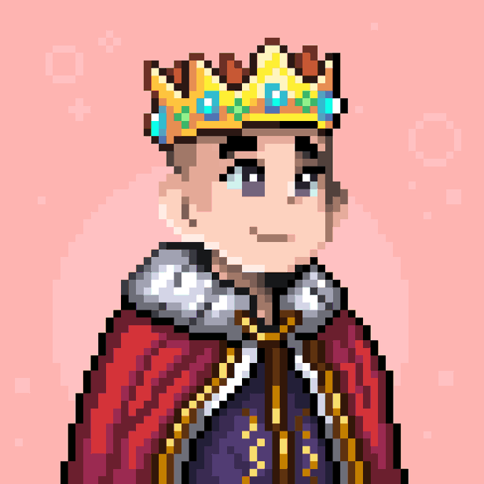 A pixel art portrait of a king character wearing a jeweled golden crown, silver shoulder armor, and a red cape against a pink background.