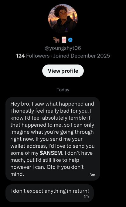 A Twitter profile for "@youngshyt06" showing 124 followers and a DM conversation where the sender offers to send $ANSEM tokens to help, paired with a post expressing gratitude toward their "$ANSEM army."