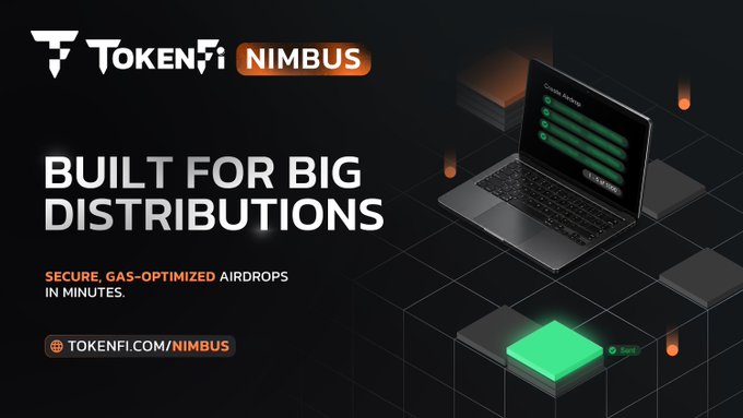 A promotional graphic for "TokenFi Nimbus" features the tagline "Built for Big Distributions — Secure, Gas-Optimized Airdrops in Minutes" alongside a laptop displaying a checklist interface, directly visualizing the platform's promise of fast, cost-efficient airdrop execution highlighted in the caption.