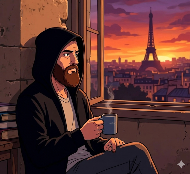 The image features a man sitting by a window with his hands around a cup of coffee. The background shows an urban cityscape at sunset, which adds a serene atmosphere to the scene. The caption for this image reads "Good evening Why River is Solving DeFi's Biggest Problem Let' s be honest - DeFi is a mess of disconnected islands You've got capital stuck on Ethereum, more on Solana, more still on BNB Chain, and moving between them feels like a high-wire act without a safety".