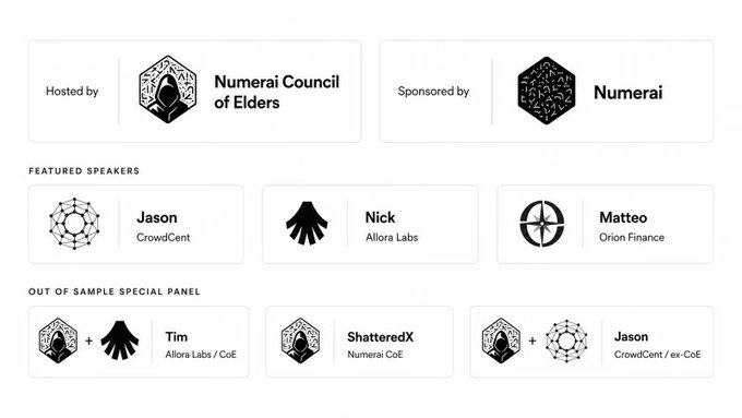 Event page showing Numerai Council of Elders as host and Numerai as sponsor, featuring speakers Jason (CrowdCent), Nick (Allora Labs), Matteo (Orion Finance), and out-of-sample panel members Tim, ShatteredX, and Jason.