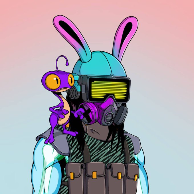 Digital illustration of a character wearing a blue cap with bunny ears, yellow-lensed goggles, and a gas mask, with a small purple alien-like creature perched on their shoulder against a pastel gradient background.