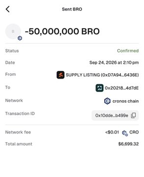 A cryptocurrency transaction confirmation screen on a mobile app shows a sent transfer of -50,000,000 BRO tokens valued at $6,699.32 on the Cronos chain, dated Sep 24, 2026.