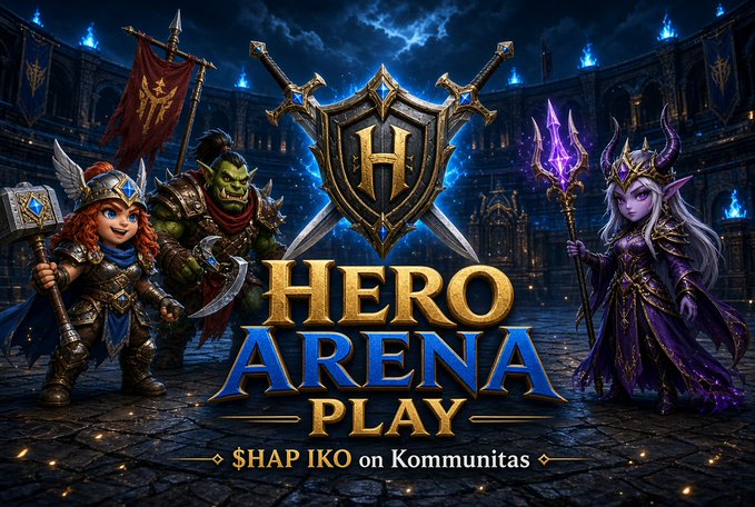 Fantasy game artwork for 'HERO ARENA PLAY' featuring a dwarf, orc, and dark elf, with text '$HAP IKO on Kommunitas'.