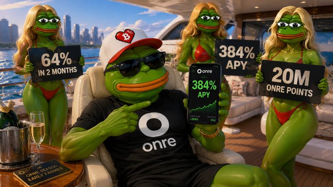 A Pepe mascot in an "onre" t-shirt and cap sits on a yacht pointing at a phone showing "384% APY," flanked by women in bikinis holding signs reading "64% IN 2 MONTHS," "384% APY," and "20M ONRE POINTS." The image visually promotes the OnRe yield opportunity, breaking down the "$300 at risk" trade-off against the 20M OnRe Points reward and 64% two-month return highlighted in the post.