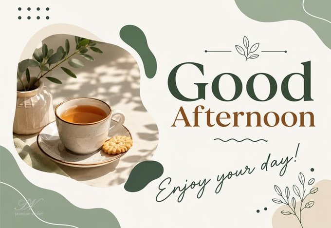 A greeting card design featuring a cup of tea with a biscuit, eucalyptus branches, and the text 'Good Afternoon Enjoy your day!' with an 'Xfardin Xpress' watermark.