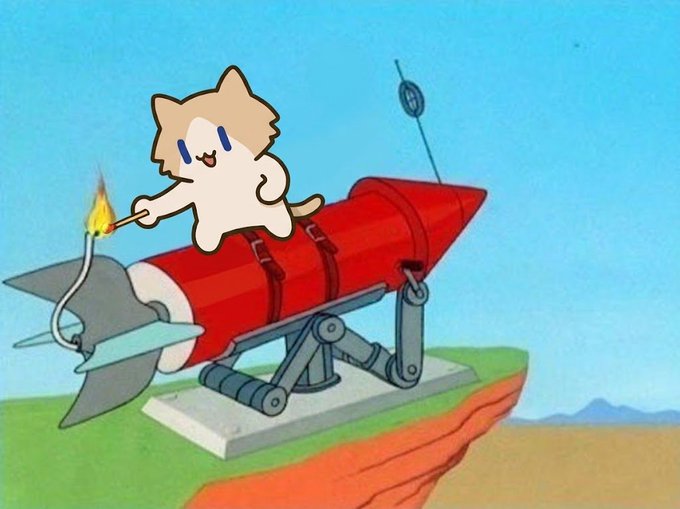 A cartoon illustration shows a small tan cat with a smiling face lighting the fuse of a red rocket mounted on a launcher on a grassy cliff.