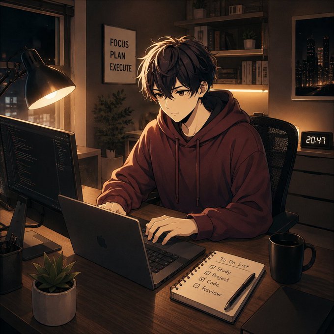 A young man in a red hoodie works on a laptop in a dimly lit room, with a "FOCUS PLAN EXECUTE" poster on the wall and a to-do list showing tasks like "Study," "Project," "Code," and "Review" beside a clock reading 20:47. The image evokes a late-night preparation and research session, fitting the post's theme of gearing up for the weekend Pixona NFT mint.