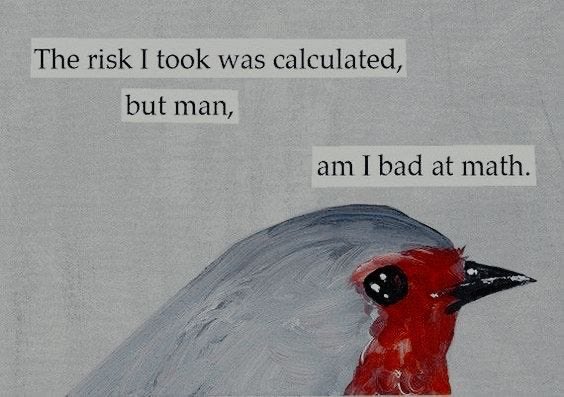 A meme featuring a painted bird with text reading 'The risk I took was calculated, but man, am I bad at math.'