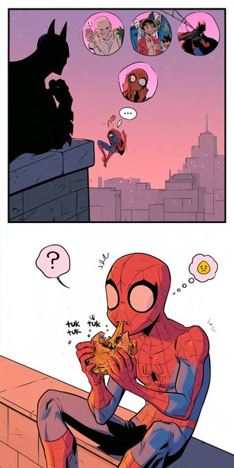 A two-panel comic shows Spider-Man sitting on a rooftop thinking about people (Batman, Vision, Shuri, Miles Morales) while Batman watches, and then in the second panel Spider-Man eating a sandwich with food crumbs falling.