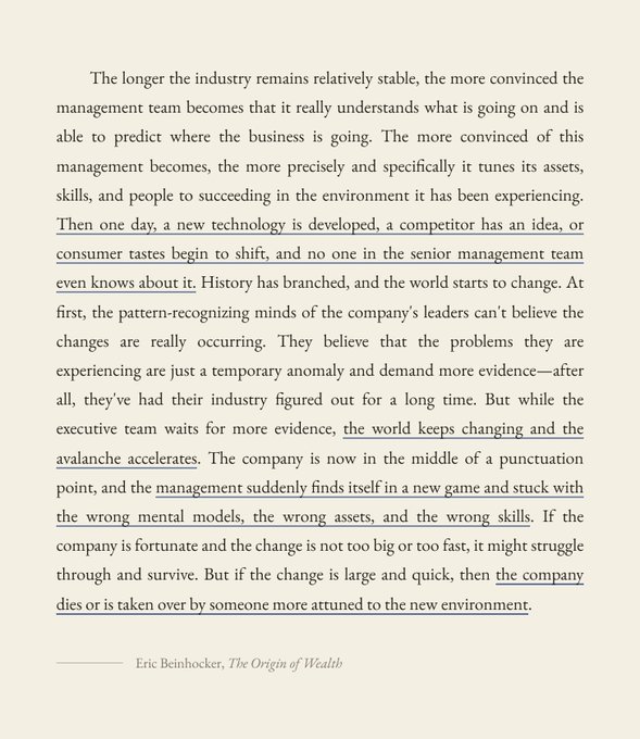 A passage from Eric Beinhocker's 'The Origin of Wealth' discussing how stable industries become vulnerable when disrupted by new technology or shifting consumer tastes.