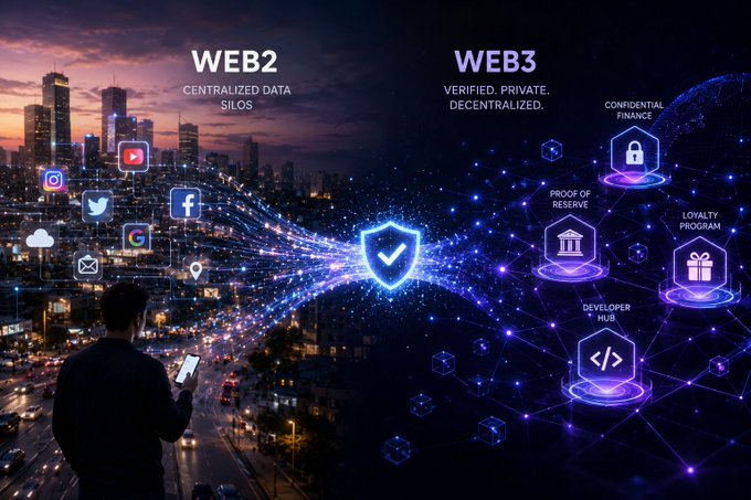 A futuristic promotional graphic contrasts 'WEB2 - CENTRALIZED DATA SILOS' (showing social media icons) with 'WEB3 - VERIFIED. PRIVATE. DECENTRALIZED' (showing icons for confidential finance, proof of reserve, loyalty program, and developer hub) over a glowing cityscape.