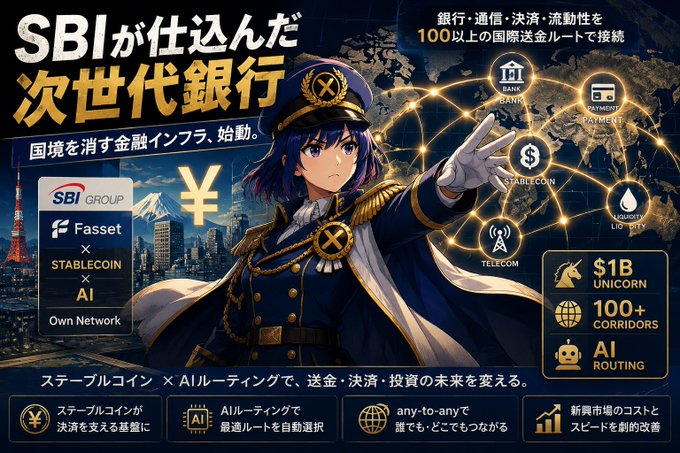 A promotional image featuring an anime-style character in a military uniform pointing at a glowing world map network, advertising SBI Group's "next-generation bank" initiative that combines Fasset, stablecoins, and AI to connect over 100 international remittance corridors for banking, payments, and liquidity. The image highlights key stats including "$1B UNICORN," "100+ CORRIDORS," and "AI ROUTING," visually reinforcing the post's message about SBI's stablecoin-AI infrastructure erasing financial borders with Japanese backing.