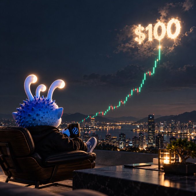 A digital artwork of a blue, spiky creature with glowing eyes sitting on a rooftop terrace, watching a stock chart ascend towards a glowing '$100' in the clouds.