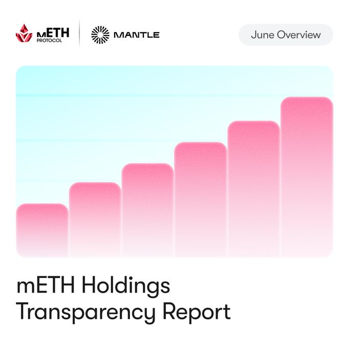 The image is a cover graphic for the "mETH Holdings Transparency Report" featuring the mETH Protocol and Mantle logos, with a "June Overview" label and a pink bar chart showing an upward growth trend. It visually represents the report's headline findings of a 5.7% month-over-month increase in treasury holdings and 205K+ mETH held across user wallets, with the ascending bars symbolizing the reported growth momentum.