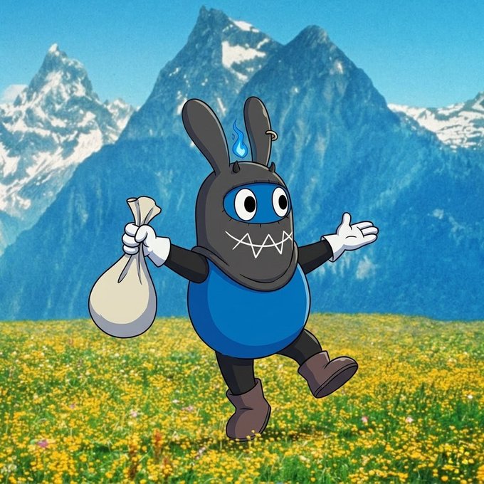 A cartoon bunny wearing a dark hood and mask skips through a sunny alpine meadow with snow-capped mountains in the background, gleefully holding a sack — capturing the carefree, post-staking relief of stepping away from the $INJ chart and embracing the simple joys of life.