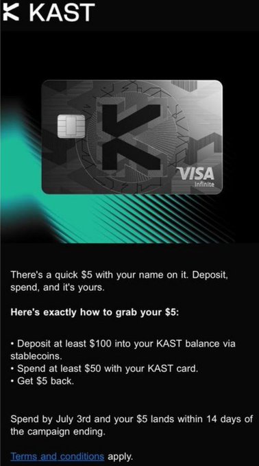 A promotional image for KAST showing their Visa Infinite card with instructions to deposit $100, spend $50, and receive a $5 cashback reward by July 3rd. The image visually reinforces the accompanying post's message about KAST's simple cashback campaign for new card users.
