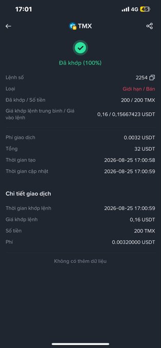 Mobile trading app screenshot showing a successfully filled order on TMX with a green checkmark, displaying order details in Vietnamese including 200/200 TMX filled at 0.16 USDT, total 32 USDT.
