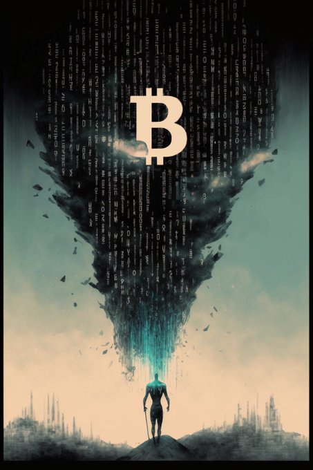 A moody digital artwork depicting a hooded figure with a glowing teal face standing in a desolate landscape, beneath a swirling tornado of binary code featuring a prominent Bitcoin '₿' symbol.