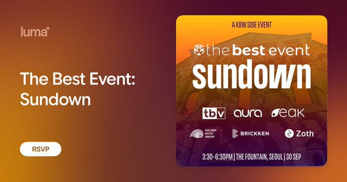 A promotional graphic for 'The Best Event: Sundown,' a KBW side event sponsored by tbv, aura, eak, Golden Bridge Group, Brickken, and Zoth, scheduled for 3:30-6:30 PM at The Fountain, Seoul on September 30, with an RSVP button.