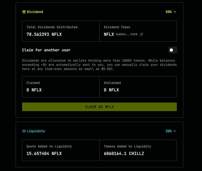 A cryptocurrency dividend and liquidity interface showing Total Dividends Distributed of 78.562393 NFLX with a "CLAIM AS NFLX" button, and a Liquidity section showing 15.657404 NFLX and 6060164.1 CHILLZ.