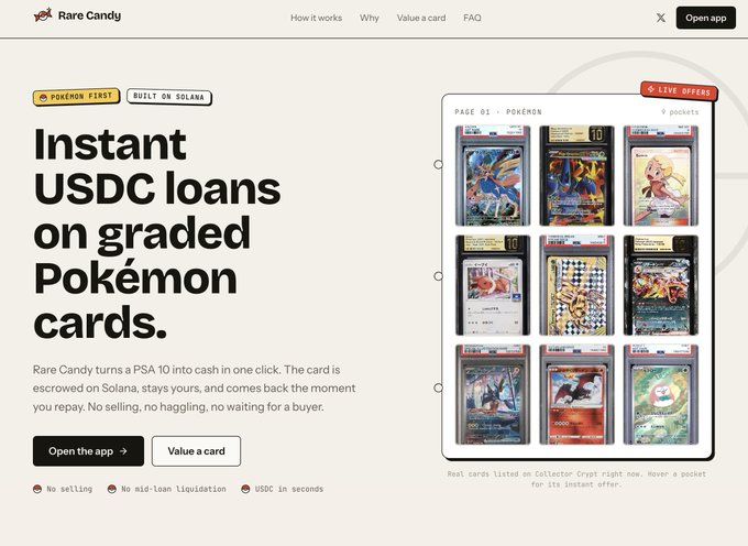 The 'Rare Candy' website homepage advertises 'Instant USDC loans on graded Pokémon cards' with a 'Built on Solana' badge and an image showcasing various PSA 10 graded Pokémon cards in a binder.