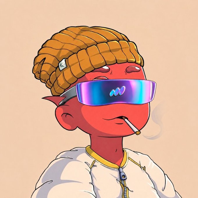 A cartoon-style illustration of a red-skinned character with a beanie, wearing holographic visor sunglasses with a logo and smoking a cigarette.