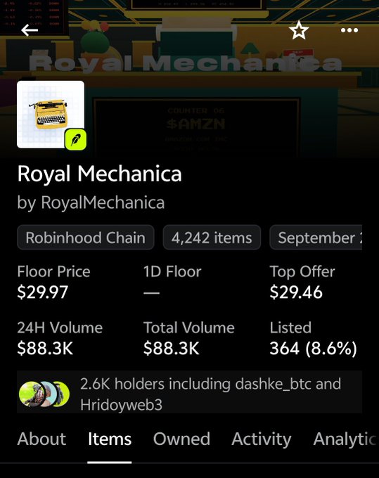 A mobile app screenshot displaying an NFT collection called "Royal Mechanica" by RoyalMechanica on the Robinhood Chain, showing a floor price of $29.97 and 2.6K holders.