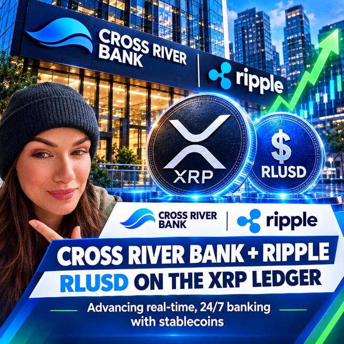 A promotional graphic for Cross River Bank + Ripple featuring RLUSD on the XRP Ledger, showing logos, a woman in a beanie, and text about "Advancing real-time, 24/7 banking with stablecoins."
