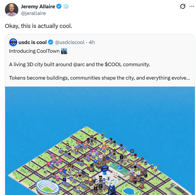 A tweet from Jeremy Allaire (@jerAllaire) quoting 'usdc is cool' (@usdciscool) announcing 'CoolTown,' described as a living 3D city built around @arc and the $COOL community where tokens become buildings.