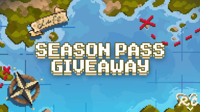 A pixel-art treasure map with a bold "SEASON PASS GIVEAWAY" title in the center, promoting a contest to win 5 Gold Season Passes as part of "The Lost Treasure" season event. The map's adventurous design, featuring red X marks and a compass, visually reinforces the treasure-hunting theme of the giveaway.