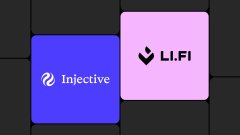 The image features two rounded-square icons side by side: the blue Injective logo and the pink Li.Fi logo, visually representing the partnership or collaboration highlighted at the Injective Summit, where traditional finance and crypto are converging onchain.