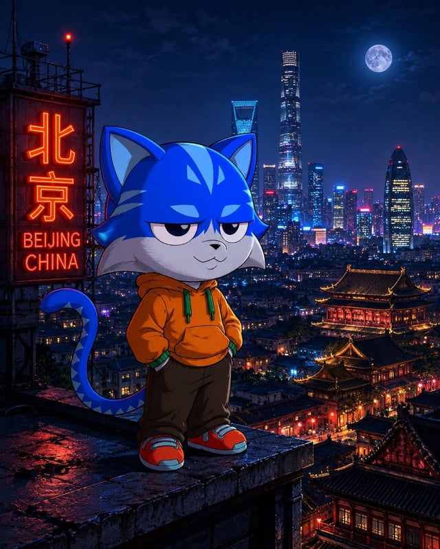 An anime-style illustration of a blue cat character wearing an orange hoodie standing on a rooftop overlooking Beijing, China at night, with a '北京 BEIJING CHINA' neon sign and the moon visible in the background.