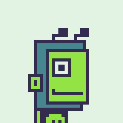 A pixel art green and teal robot character on a light green background.