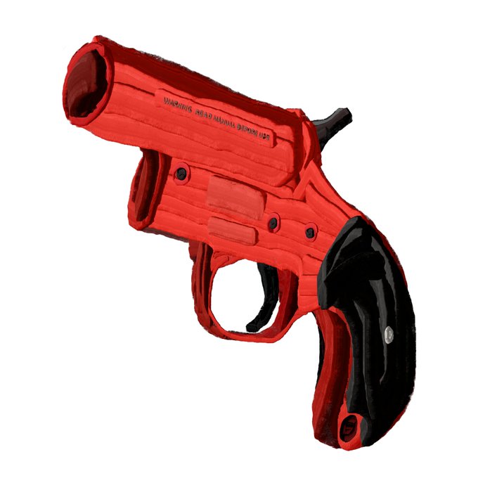 A stylized illustration of a red and black revolver-style handgun with the word 'WARRIOR' partially visible on its side, rendered in a sketchy artistic style against a white background.