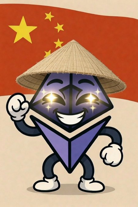 A cartoon illustration of an Ethereum logo character wearing a conical Asian straw hat and smiling, posed in front of the Chinese flag.
