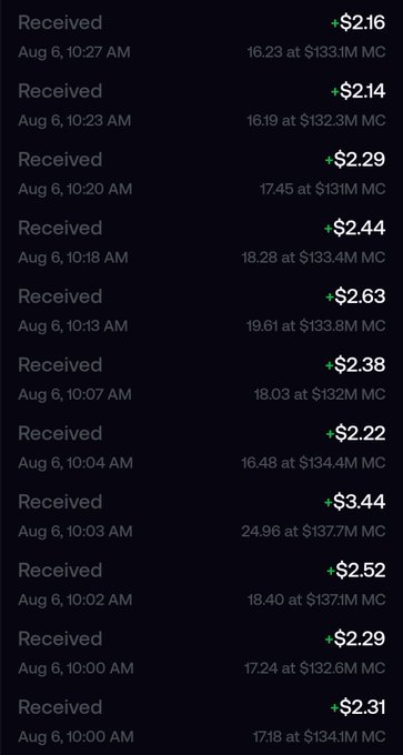 A dark-mode mobile screen showing a list of 'Received' crypto payments dated Aug 6, with each entry displaying a US dollar amount (e.g., +$2.16, +$3.44) and corresponding amounts of 'MC' tokens at varying prices.